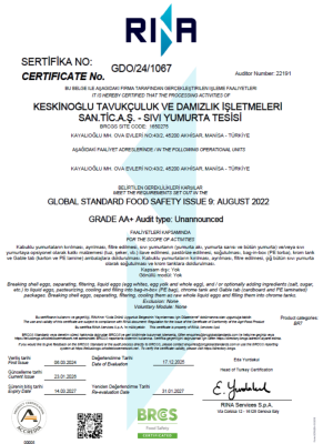 Keskinoğlu Pastörize Sıvı Yumurta BRCGS Sertifikası